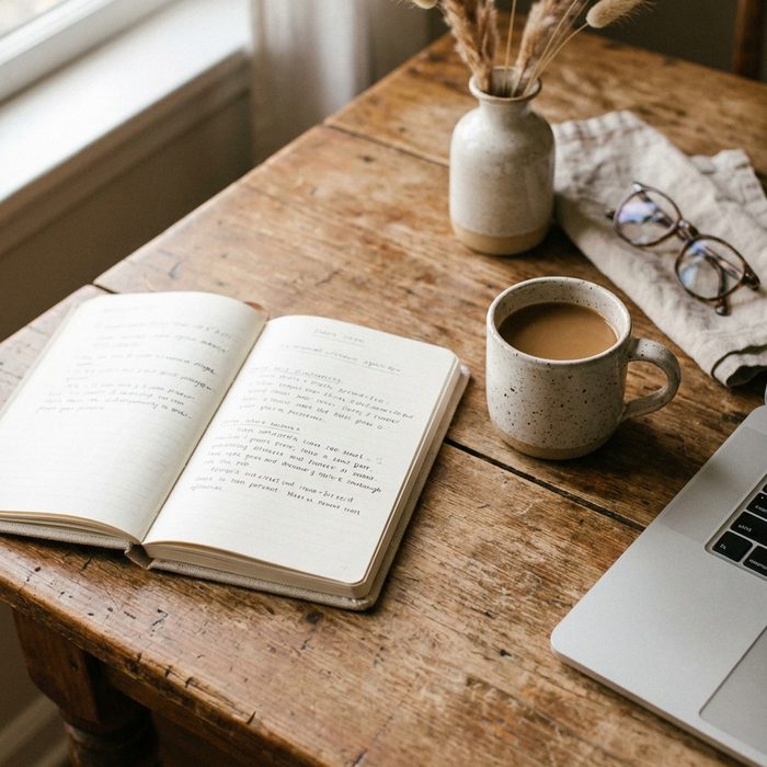 Geld verdienen mit einem Blog: Notizbuch und Tasse auf einem Holztisch am offenen Fenster