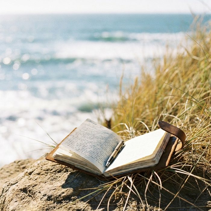 Künstliche Intelligenz im Business: Buch im Dünengras, dahinter die Bucht