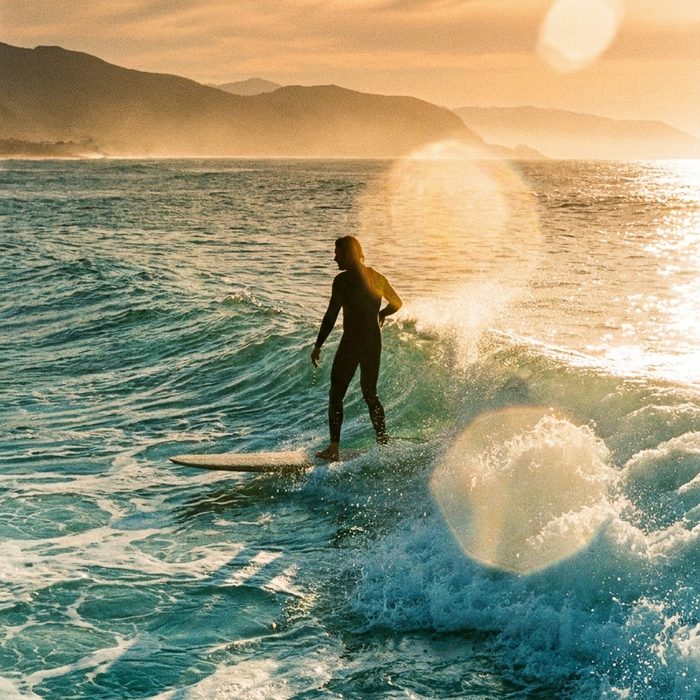 Business Motivation: Welle im warmen Licht, ein Surfer in der Ferne