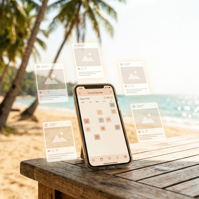 Geld verdienen mit Pinterest: Handy auf Holz vor Palmen, daneben Bildkarten