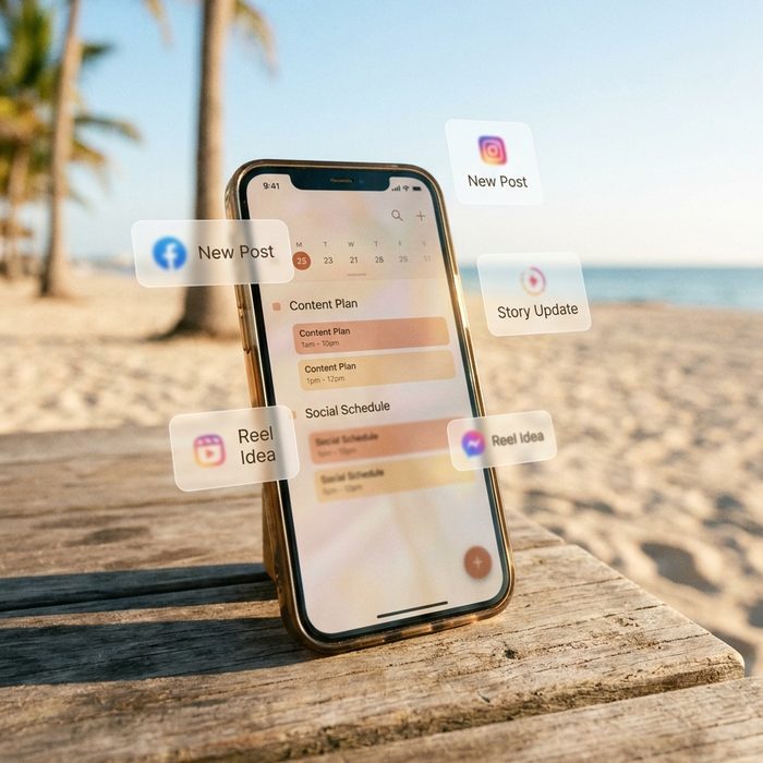 Geld verdienen mit Pinterest: Handy im Sand, darüber schwebende Bildkarten