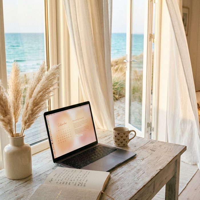 Digitale Produkte erstellen: Laptop und Pampasgras auf einem hellen Tisch am Meer